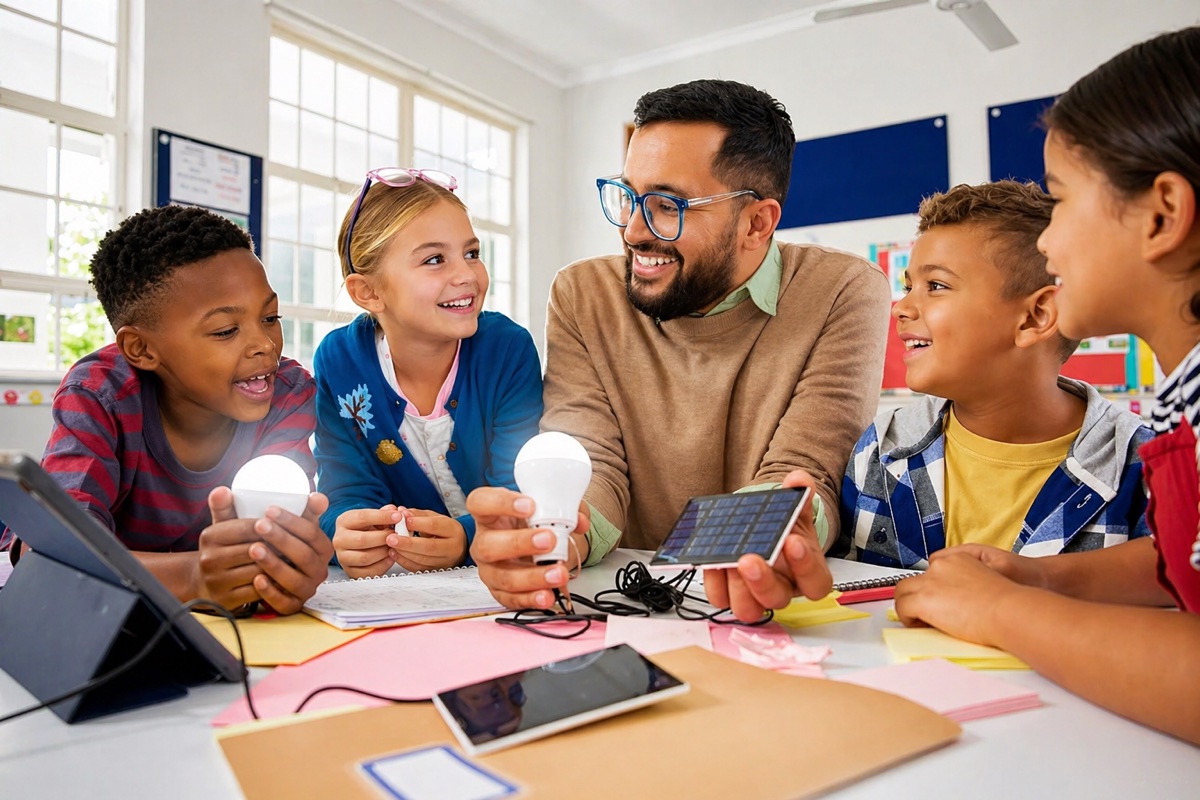 A teacher and four primary-school children exploring a science activity with lightbulbs and a solar panel, smiling together around a classroom table.